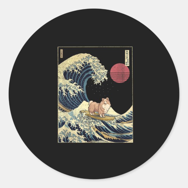 Sticker Rond Shetland Sheepdog Sheltie Japanese Kanagawa Wave F (Devant)