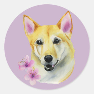 Sticker Rond Shiba Inu avec Sakura peignant l'art de chien de  