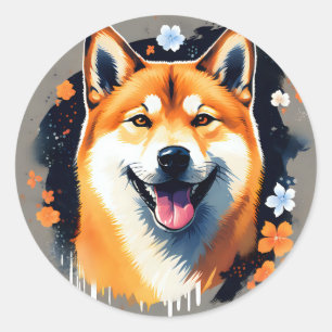 Sticker Rond Shiba Inu Portrait avec Floral