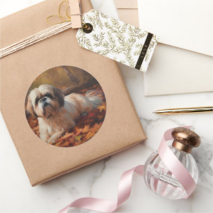 Sticker Rond Shih Tzu à l'automne Feuilles automne Inspire