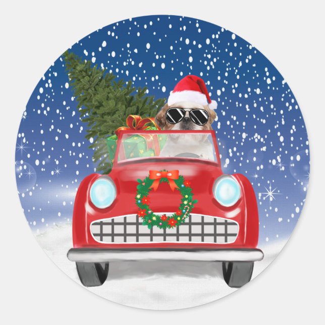 Sticker Rond Shih Tzu Chien Voiture De Conduite En Neige Noël (Devant)