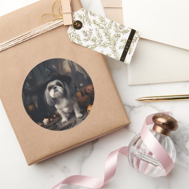 Sticker Rond Shih Tzu Citrouilles Halloween effrayant (Cadeaux)