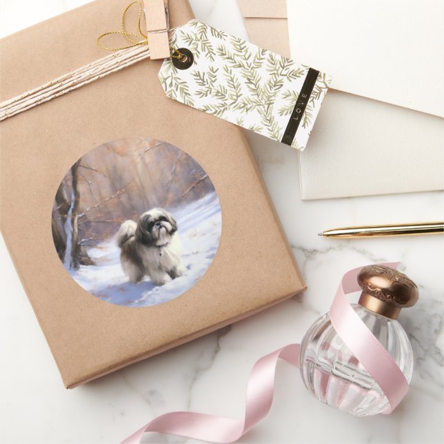 Sticker Rond Shih Tzu Laisse Neige Noël (Cadeaux)