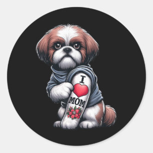 Sticker Rond Shih Tzu Mama I Love Maman Shih Tzu Dog Tattoo Fur