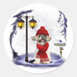 Sticker Rond Shih Tzu Père Noël Neige Noël Léger cadeau d'hiver