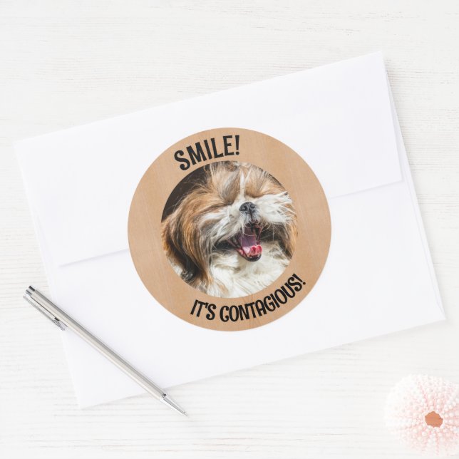 Sticker Rond Shihtzu riant sourire c'est un texte de coutume co (Enveloppe)