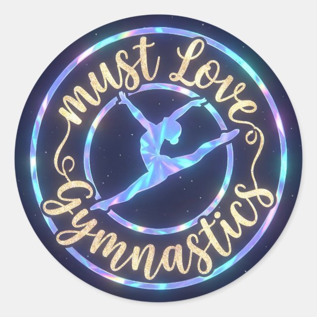 Sticker Rond Shimmering Gold Script Must Love Gymnastics (Devant)