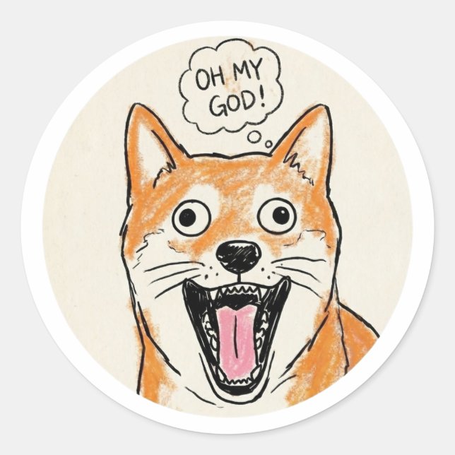Sticker Rond Shocked Shiba Inu "OH MY GOD" - Surprise Meme (Devant)