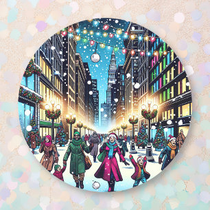 Sticker Rond Shopping de Noël dans la ville lors d'un jour de n