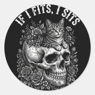 Sticker Rond Si ça rentre je m'assois crâne de chat noir humour