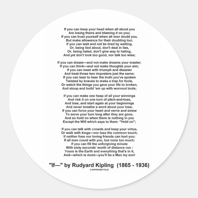 Sticker Rond Si Poème De Rudyard Kipling (Poème Inspirationnel) (Devant)
