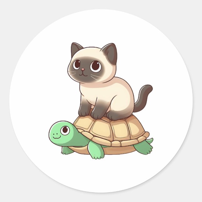 Sticker Rond Siamese cat rides turtle Copy (Devant)