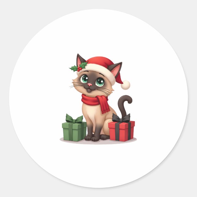 Sticker Rond Siamese Chat Noël Noël Père Noël Chat Siamese (Devant)