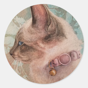 Sticker Rond Siamese Kitten Pink Coller Aquarelle Art