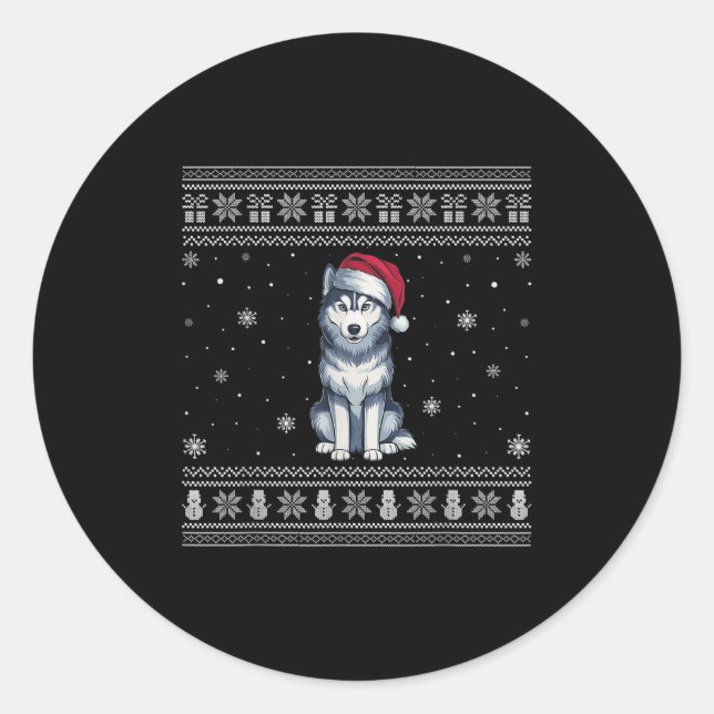 Sticker Rond Siberian Husky Dog Lovers Men Women Santa Ugly Xma (Devant)