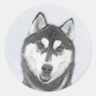 Sticker Rond Sibérie Husky (noir et blanc) Peinture Chien Art