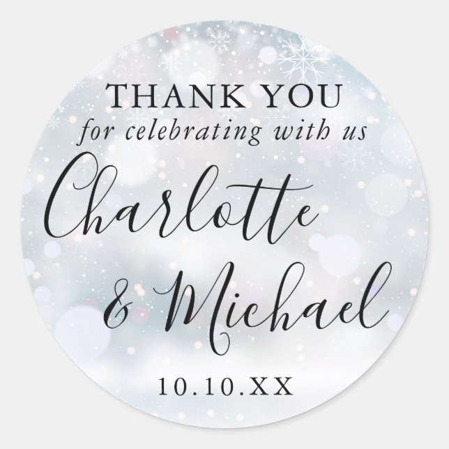 Sticker Rond Signature Neige hiver Mariage Faveur Merci (Devant)