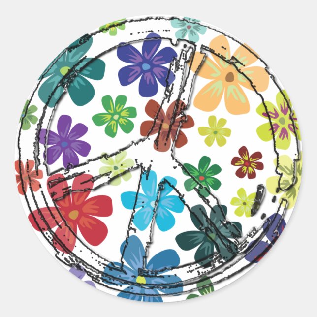 STICKER ROND SIGNE DE PAIX CLAIR AVEC FLEURS (Devant)