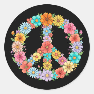 Sticker Rond Signe de paix floral coloré Hippie Fleur Rétro