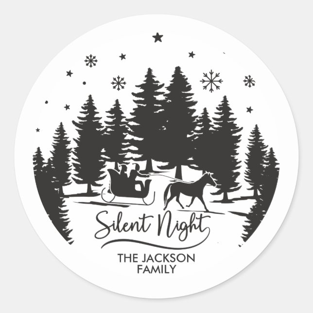 Sticker Rond Silence nuit neige flocons pins silhouettes (Devant)