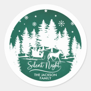 Sticker Rond Silence nuit neige flocons pins silhouettes