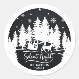 Sticker Rond Silence nuit neige flocons pins silhouettes