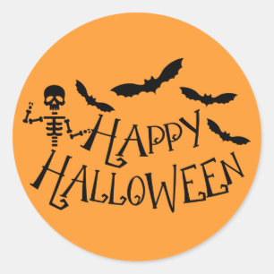 Sticker Rond Silencieux Skeleton Bats Noir & Orange Halloween h