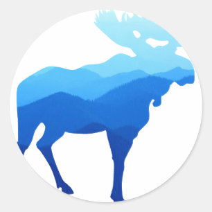 Sticker Rond Silhouette bleue d'orignaux de montagnes