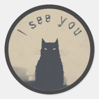 Sticker Rond silhouette de chat, "Je vous vois"
