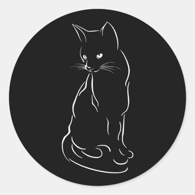 Sticker Rond Silhouette de chat noir assis | Esquissé à la main (Devant)