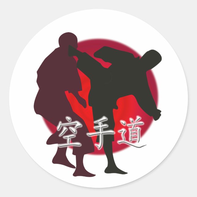 Sticker Rond Silhouette de Karate combat, arrière - plan rouge  (Devant)