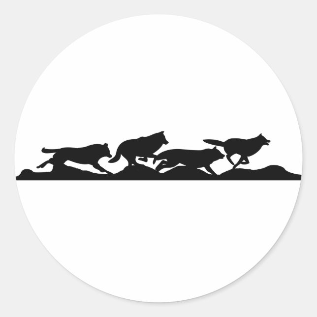 Sticker Rond Silhouette de Wolf Noir en course avec le pack (Devant)