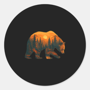 Sticker Rond Silhouette d'ours homme avec paysage forestier et