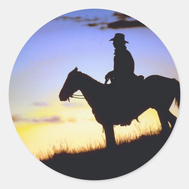Sticker Rond Silhouette du coucher de soleil de cowboy occident (Devant)