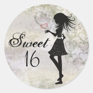 Sticker Rond Silhouette Girl and Hearts Sweet 16 Anniversaire