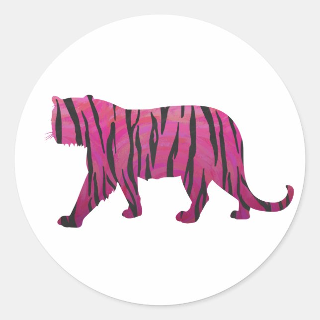Sticker Rond Silhouette rose chaud et tigre noir (Devant)