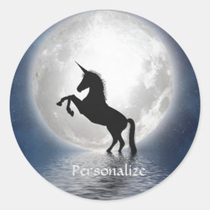 Sticker Rond Silhouette Unicorne sur la Pleine lune océanique P