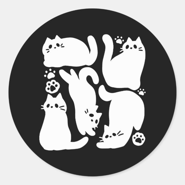Sticker Rond Silhouettes de chaton blanc - Design Feline mignon (Devant)