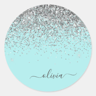 Sticker Rond Silver Aqua Turquoise Blue Girl Parties scintillan