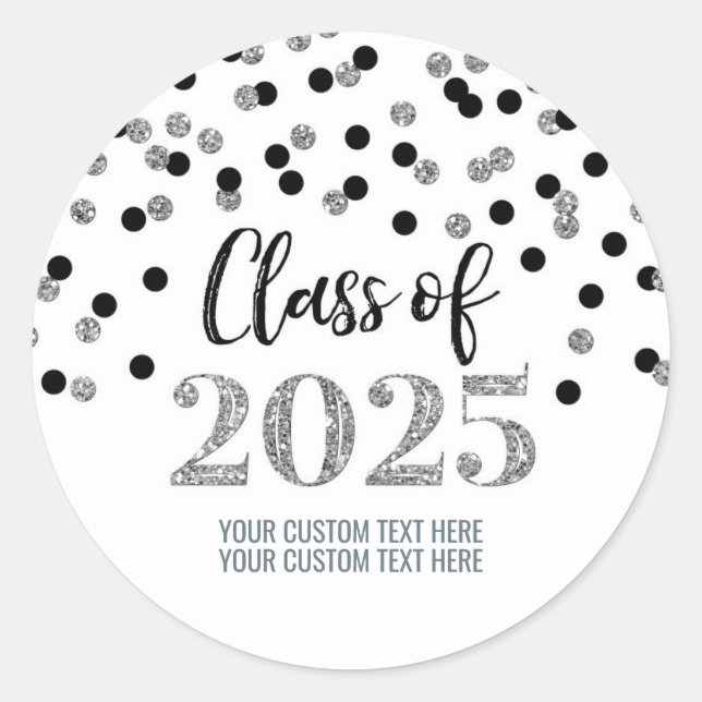 Sticker Rond Silver Black Confetti Graduation 2025 (Devant)