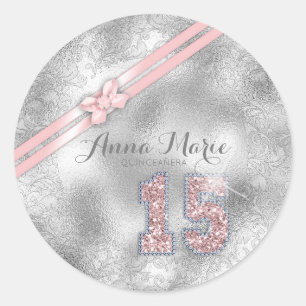 Sticker Rond Silver Brocade Quinzième anniversaire Rose Gold ID