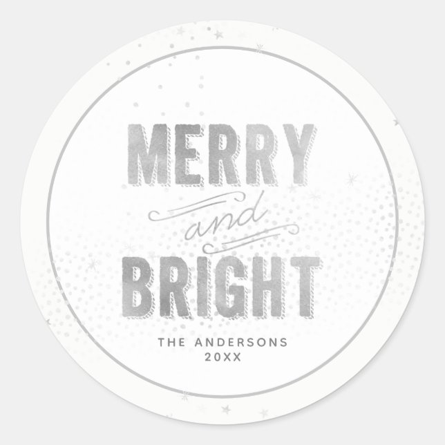 Sticker Rond Silver et blanc Flocon de neige Joyeux et brillant (Devant)