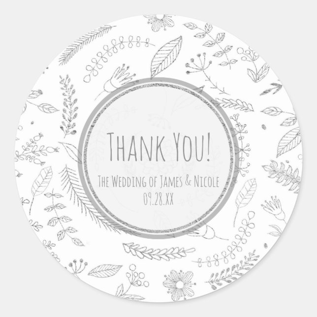 Sticker Rond Silver Floral Feuille Rustique Elégant Mariage Fav (Devant)