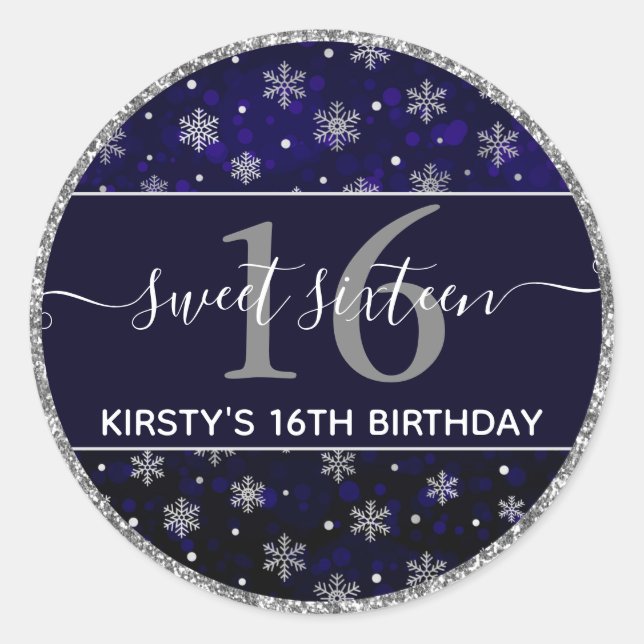 Sticker Rond Silver Foil Snowflakes & blue bokeh Sweet 16 (Devant)