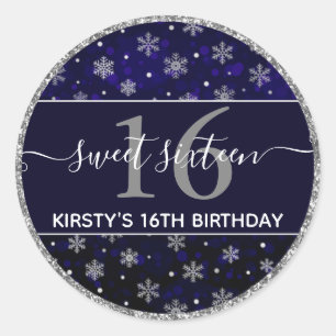 Sticker Rond Silver Foil Snowflakes & blue bokeh Sweet 16