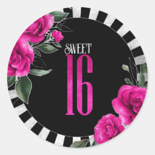 Sticker Rond Silver Foil Stripes Floral Hot Pink ID759