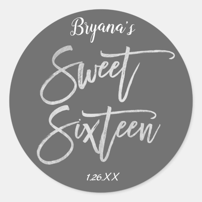 Sticker Rond Silver Foil Sweet 16 Seteen Modern Script Party (Devant)