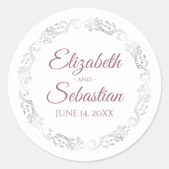 Sticker Rond Silver Frills Elegant Dusty Rose & Mariage blanc (Devant)
