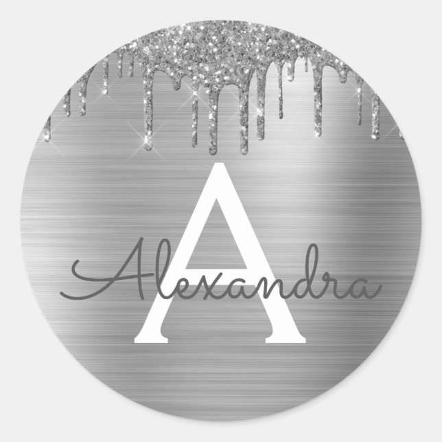 Sticker Rond Silver Glitter Brushed metal Monogram (Devant)