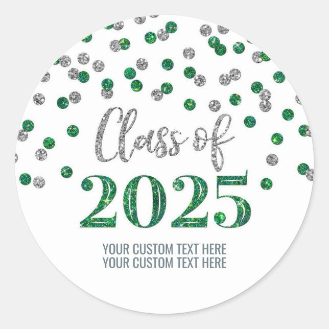 Sticker Rond Silver Green Confetti Graduation 2025 (Devant)